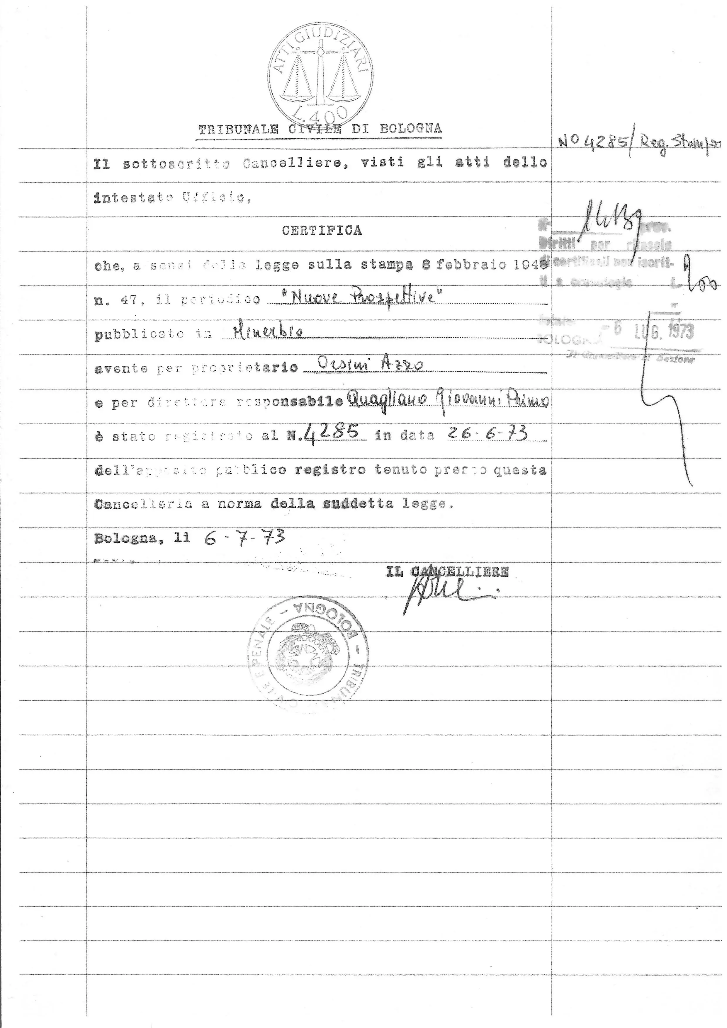 Atto di registrazione al Tribunale di Bologna